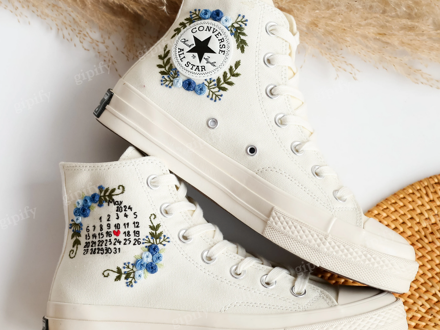 Customized Name Wedding Sneakers, Date, Flowers Embroidered Converse Custom, Flower Embroidered Shoes, Custom Anniversary Gifts for Couples