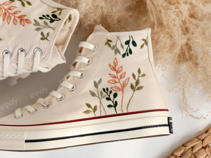 Embroidered Comverse High Tops Chuck Taylor 1970s, Custom Converse Embroidered Simple, Tree Leaves Embroidered Sneakers, Valentine Gifts