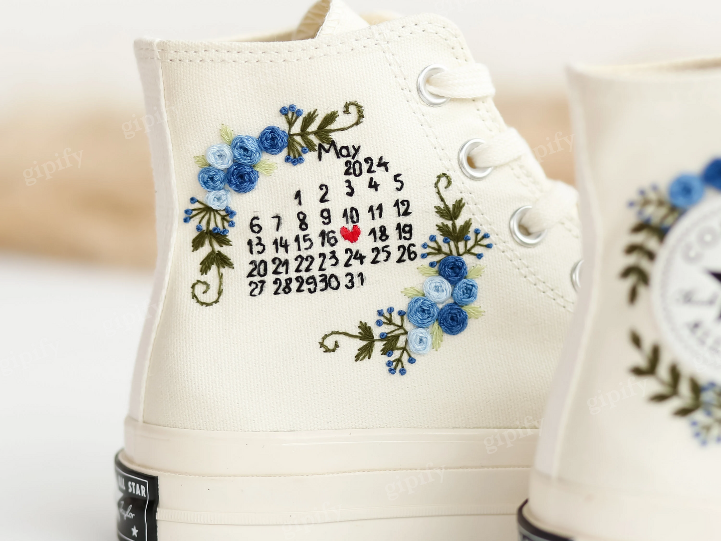 Customized Name Wedding Sneakers, Date, Flowers Embroidered Converse Custom, Flower Embroidered Shoes, Custom Anniversary Gifts for Couples