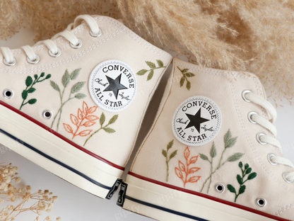 Embroidered Comverse High Tops Chuck Taylor 1970s, Custom Converse Embroidered Simple, Tree Leaves Embroidered Sneakers, Valentine Gifts