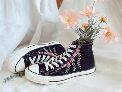 Custom Embroidered Converse Sneakers, Wedding Flowers Embroidered Converse Custom, Flower Embroidered Shoes for Women, Wedding Gift