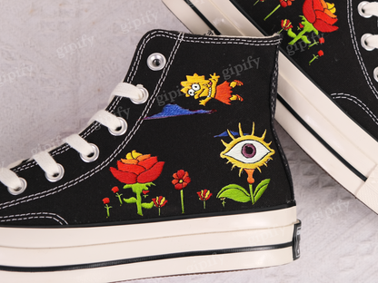 Converse Embroidered Custom Cartoon, Simpson Embroidered Converse, Flower Converse, Embroidery Converse Lisa and Simpson