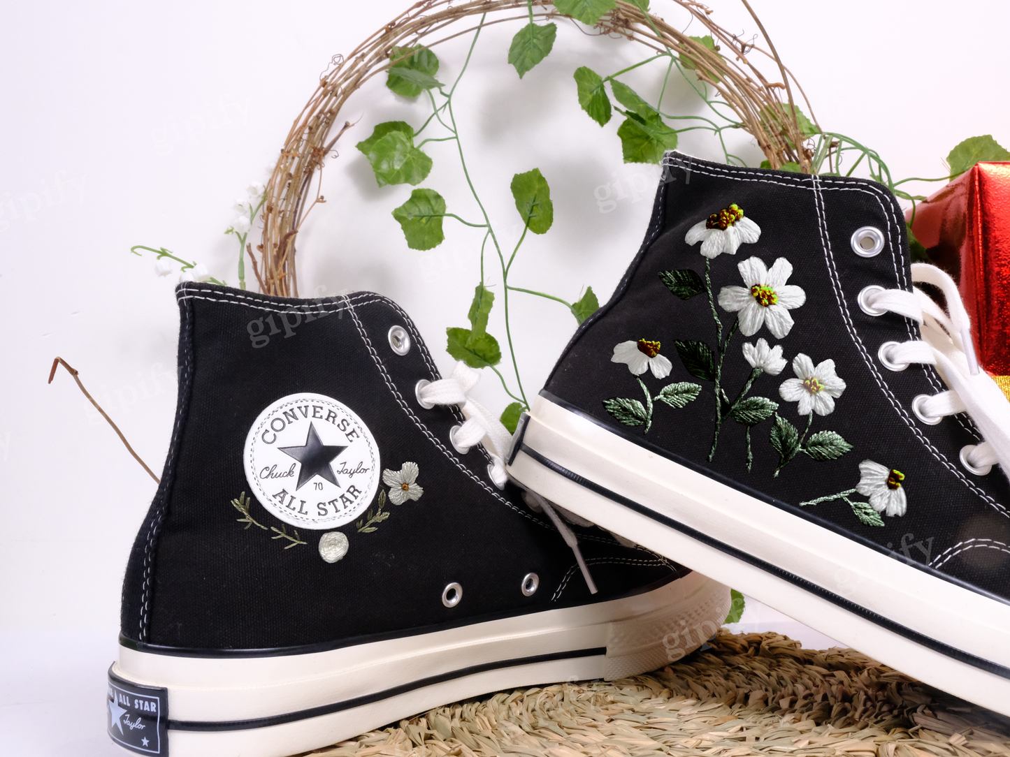 Custom Embroidered Converse High Tops/ Custom Converse Chuck Taylor 1970s Embroidered Daisy Flower/ Wedding sneakers/ Wedding Gift