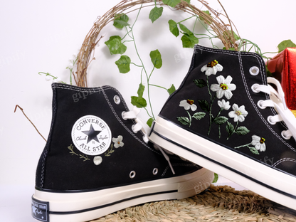 Custom Embroidered Converse High Tops/ Custom Converse Chuck Taylor 1970s Embroidered Daisy Flower/ Wedding sneakers/ Wedding Gift