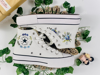 Custom Converse Platform, Wedding Flowers Embroidered Platform Shoes, Converse Embroidered Blue Bouquets, Personalized Bridal Sneaker