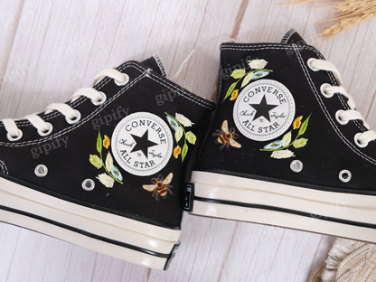 Custom Embroidered Wedding Converse, rose Embroidered Sneakers for Bride, Embroidered Wedding Reception Shoes, Wedding Gifts