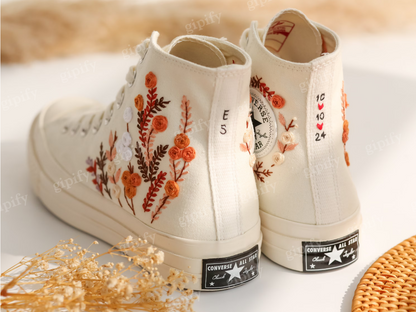 Custom Embroidered Wedding Sneakers, Fall Wedding Flower Embroidered Converse, Burnt Orange Bouquet Embroidered Shoes, Boho Wedding Gifts