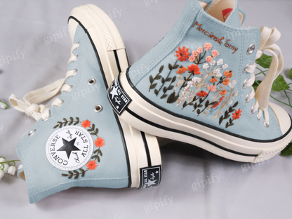 Custom Embroidered Wedding Converse High Tops, Wedding Flowers Embroidered Shoes, Bridal Flowers Embroidered Sneakers, Personalized Sneaker