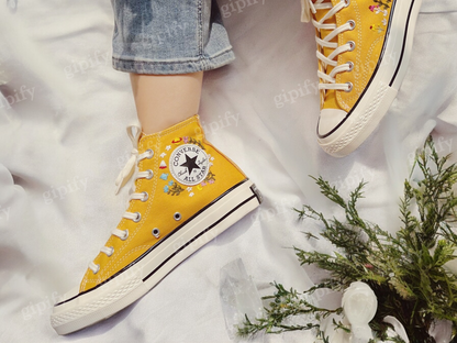 Embroidered Converse High Tops, Custom Converse High Top Embroidered ,  Converse Embroidered With Flower Garden, Handmade Gift