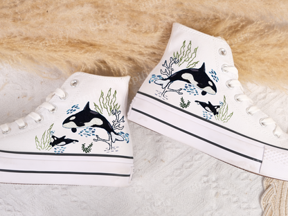 Custom Embroidered Converse High Tops/ Custom Converse Chuck Taylor 1970s Shark Embroidered/ Ocean Vibes Embroidered