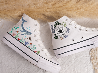 Custom Embroidered Converse High Tops/ Custom Converse Chuck Taylor 1970s Blue Whale Embroidered Shoes/ Ocean Vibes Embroidered