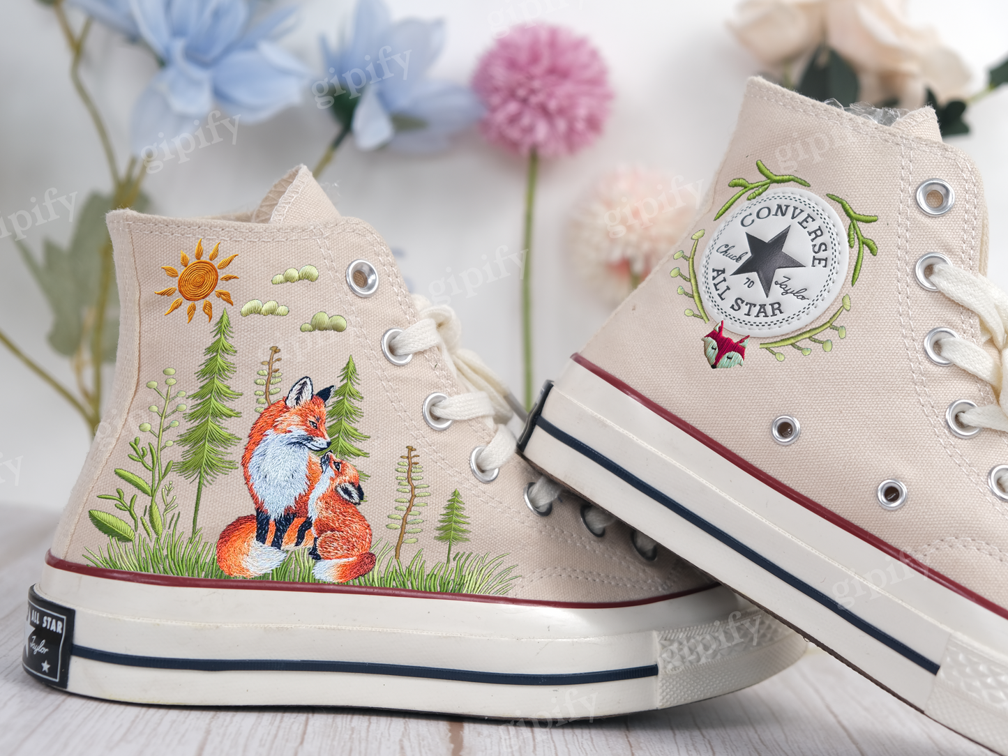 Embroidered Converse/Converse Mushroom/Custom Converse Pet/Embroidered Converse High Tops Fox Mushroom And Sweet Sunflower Garden