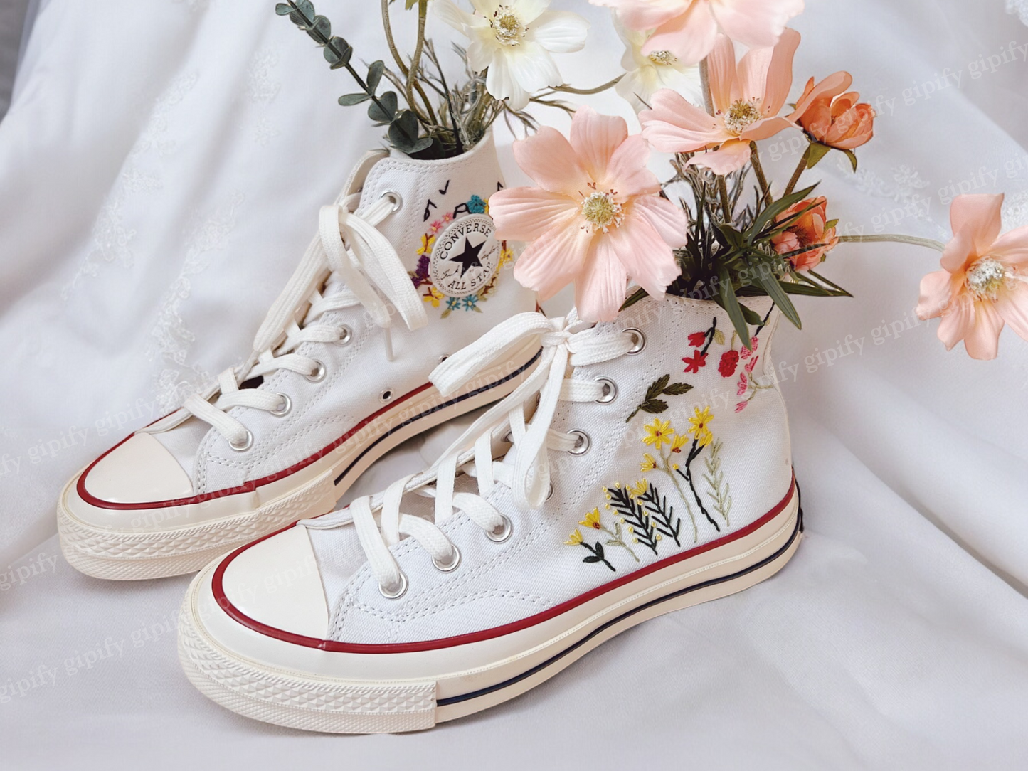 Custom Embroidered Converse Sneakers, Custom Converse High Tops Embroidered Floral,  Wedding Converse for Bride, Handmade Gift