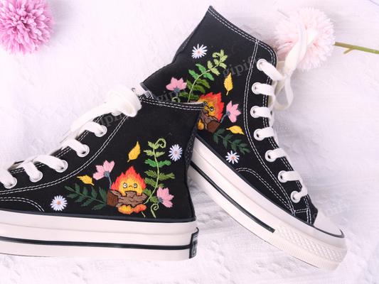 Cute Fire Converse, Cartoon Fire Embroidered Converse/Flower Custom Shoes/Convers Cartoon/Custom Hand Embroidered Converse