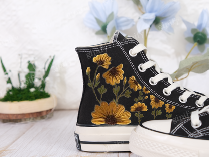 Floral Converse/ Embroidered converse/ Converse High Tops The Hill Of Brilliant Sunflowers/ Embroidered Sneakers Logo Big Sunflower