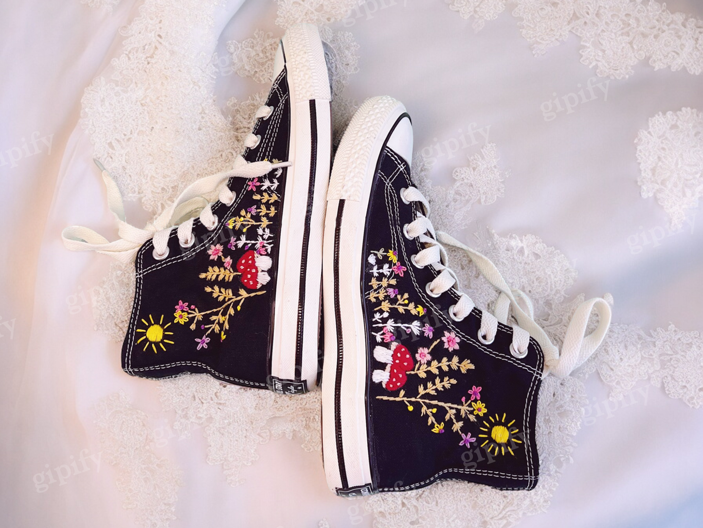 Custom Embroidery, Embroidered Converse High Tops , Mushroom and Flower Garden Embroidered Shoes Custom, Valentine Day Gifts