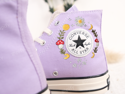 Embroidered Converse Mushroom and Frog, Converse High Tops Chuck Taylor Embroidered Frog & Mushroom, Mushrooms Embroidered Converse Custom