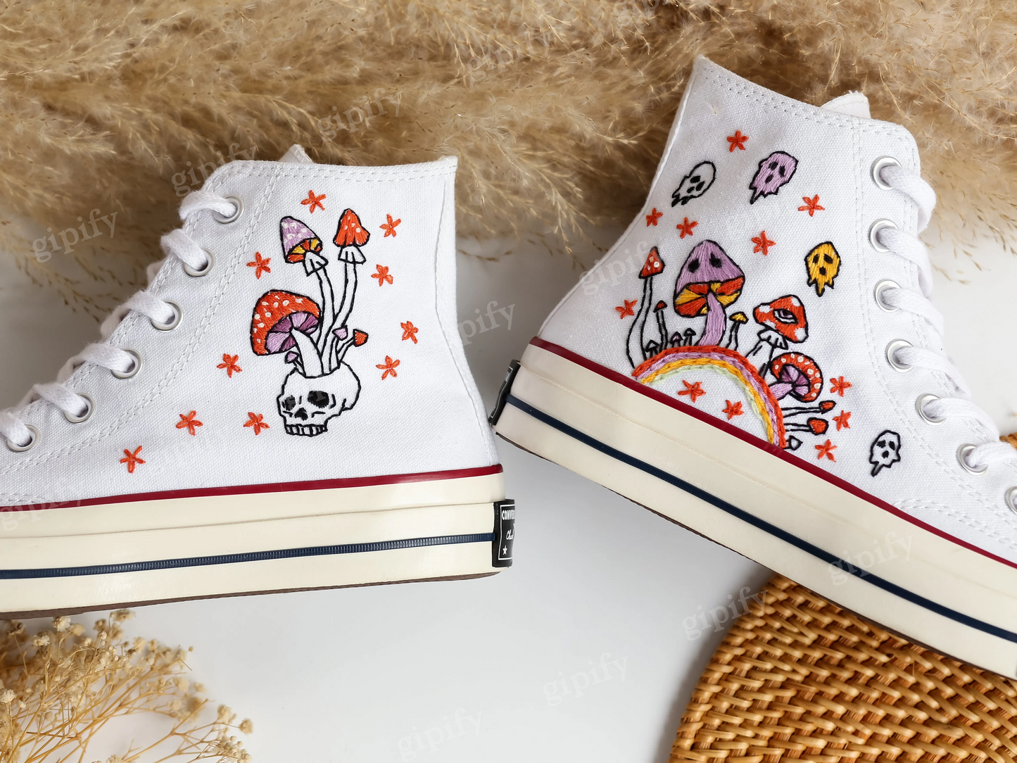 Custom Converse Embroidered, Mushrooms and Ghost Embroidered Shoes, Sugar Skull Embroidered Sneaker, Embroidered Wedding Reception Shoes