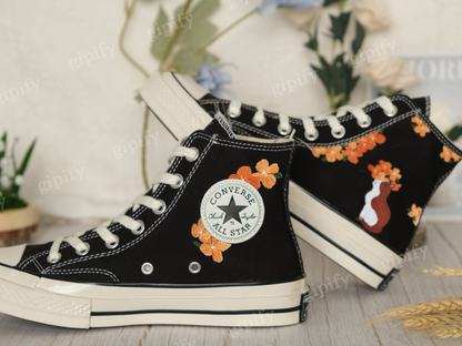 Custom Embroidered Converse Chuck Taylor All Star Shoes/Cat and Flower/1989 Embroidered Sneaker/Flower Embroidery Shoes/Handmade Gifts