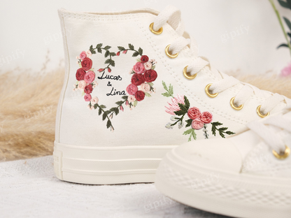 Wedding Converse for Bride. Custom Embroidered Converse Platform. Wedding Flowers Embroidered Platform Shoes. Personalized Bridal Sneaker