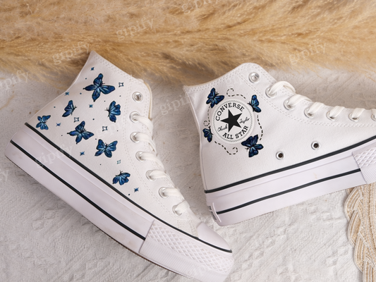 Embroidered Converse/Butterfly Converse/Embroidered Blue Butterflies/Converse High Tops Chuck Taylor 1970s/Custom Logo Butterfly/Gift ForHe