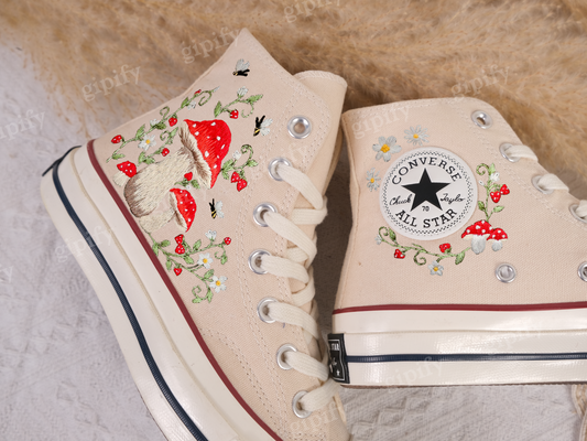 Customized Converse Embroidered Shoes/Mushrooms Embroidered Sneakers Women/Gardens Mushrooms/Strawberry Embroidered Converse Chuck Taylor