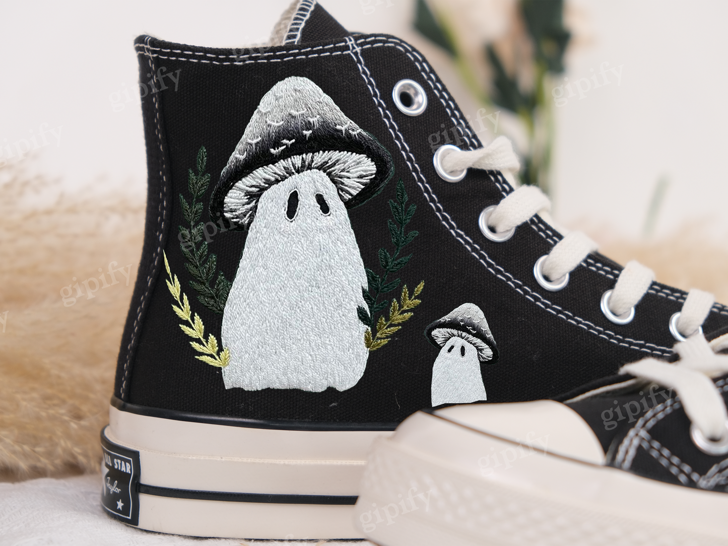 Custom Shoes Embroidered ghosts and mushrooms Sneakers/ Wedding Sneaker for Bride, Personalized Bridal Sneaker