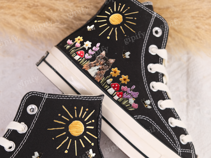 Custom Converse High Tops/Floral Converse/Embroidered Converse Colorful Sunflower And Wildflower Garden/Sunflower Birthday/White Converse