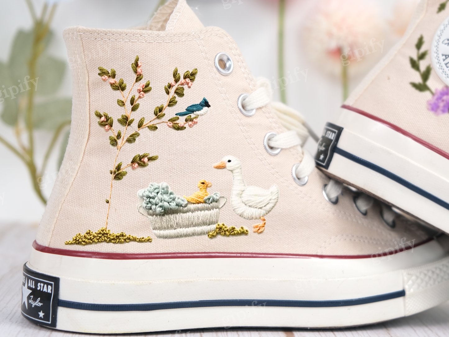 Custom Converse Wedding Sneakers/ duck + Flowers Embroidered Shoes/ Bridal Flowers + Pet Embroidered Sneakers/ Personalized Bride Shoes