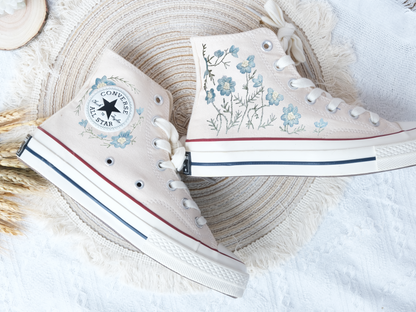 Custom Converse Platform, Wedding Blue Flowers Embroidered Shoes for Bride, Blue Wildflowers Embroidered Shoes Platform, Bridal Sneaker