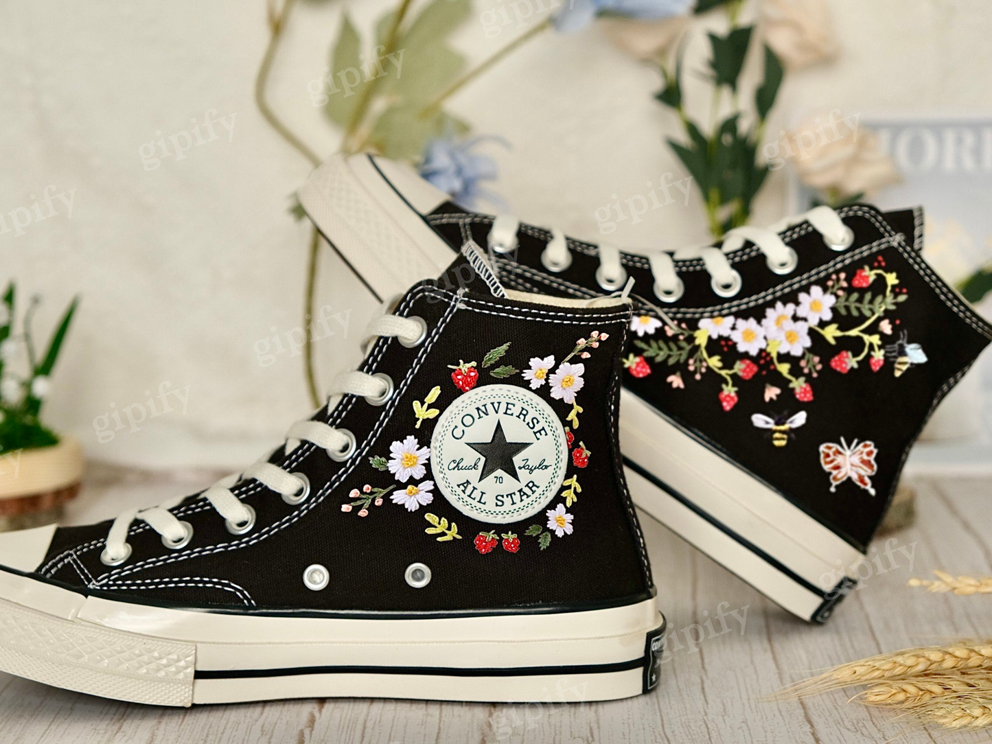 Strawberry Converse Shoes/1970s Converse High Top Chuck Taylor Shoes Embroidered with Red Strawberry Garden and Sweet White Flowers