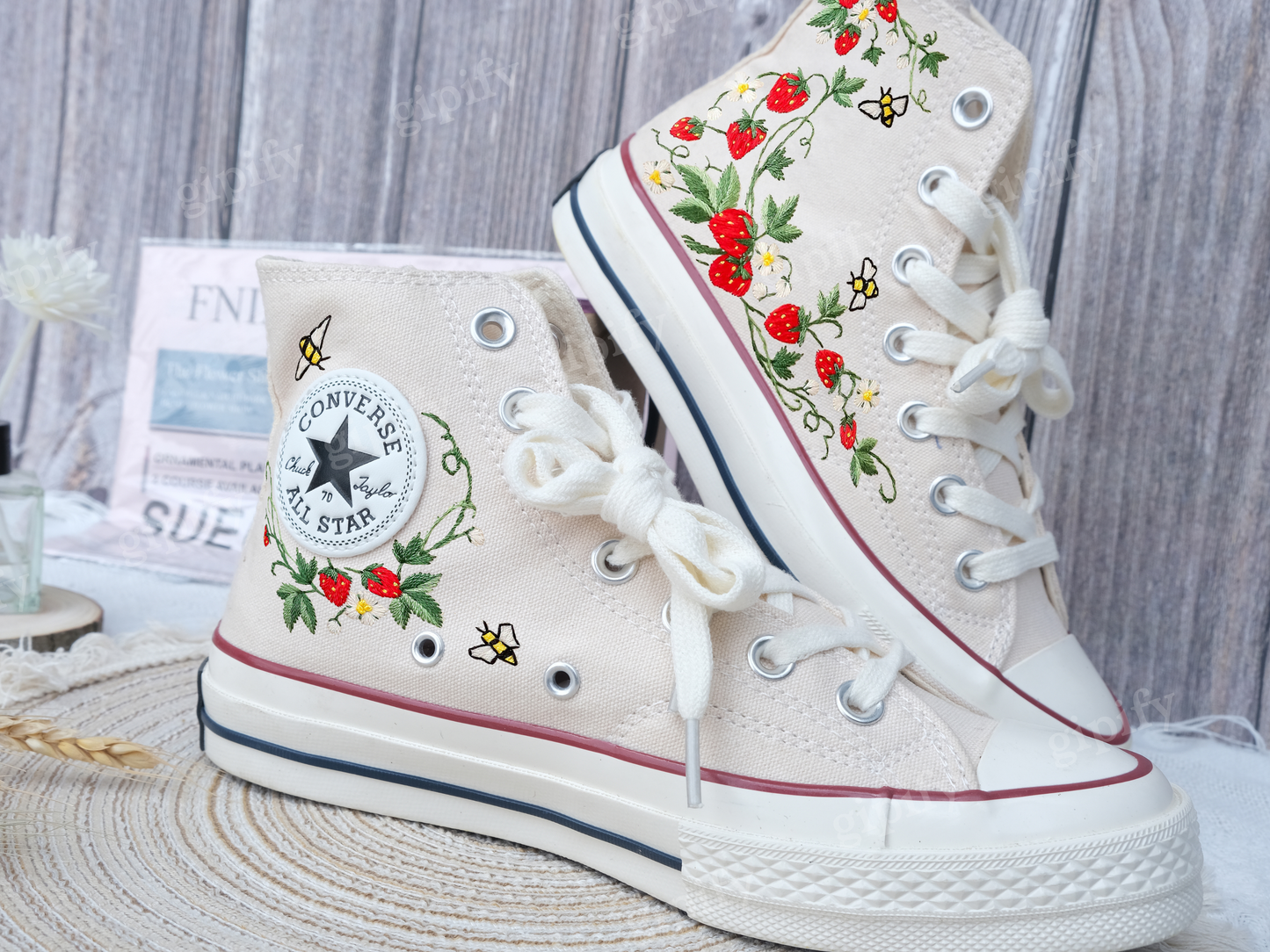 Custom Embroidered Converse Shoes, Strawberry Embroidered Sneakers, Converse Embroidered Bee, Garden Strawberry, Personalized Gifts for Her