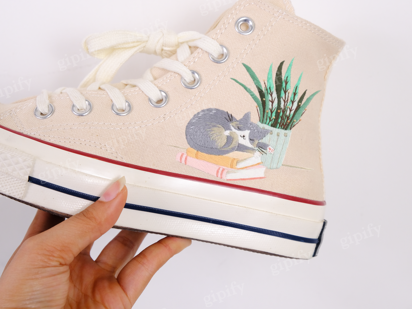 Custom Converse High Tops Chuck Taylor 1970s/Embroidered Flower and Cat Converse/Handmade embroidered cat pets shoes/Wedding gift for her