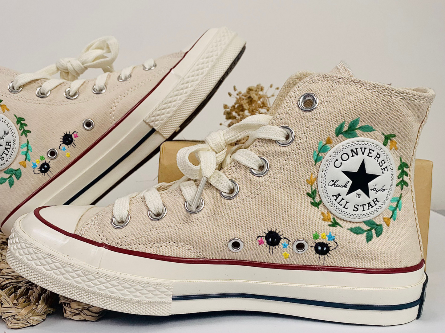 Converse Embroidered Custom Cartoon, Neighbor Totoro Embroidered Converse, Flower Converse, Embroidery Converse Chibi and Gibi