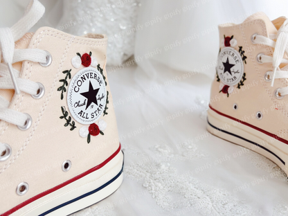 Custom Converse High Tops Embroidered Floral, Flower Embroidered Shoes Women, Wedding Flowers Embroidered Converse Custom, Wedding Shoes