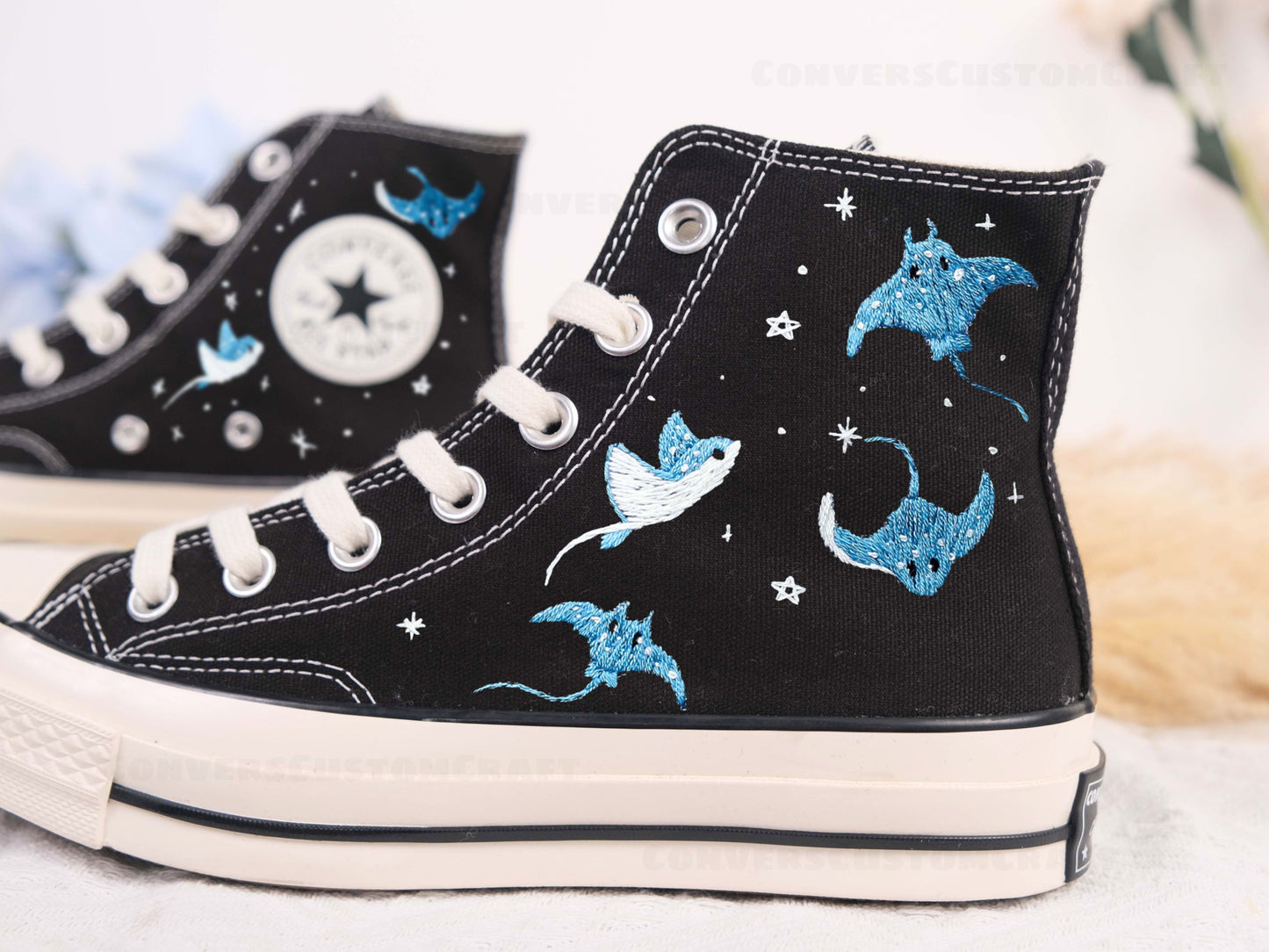 Custom Embroidered Converse High Tops, Custom Converse Chuck Taylor 1970s Manta Ray Embroidered, Ocean Embroidered Shoes Custom, C218LT