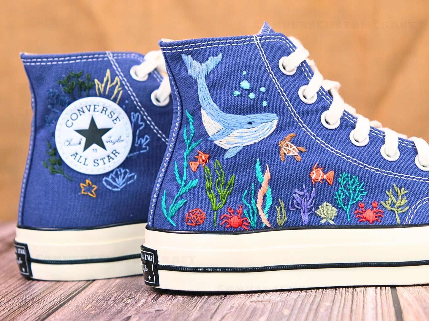 Custom Embroidered Converse High Tops/Custom Converse Chuck Taylor 1970s Shark Embroidered/ Ocean Vibes Embroidered/Birthday gift C213LT