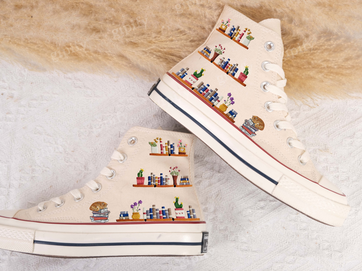 High-top Converse shoes with custom embroidered bookshelf/Embroidered Converse/Wedding Converse shoes/Embroidered pet cat and bookshelf