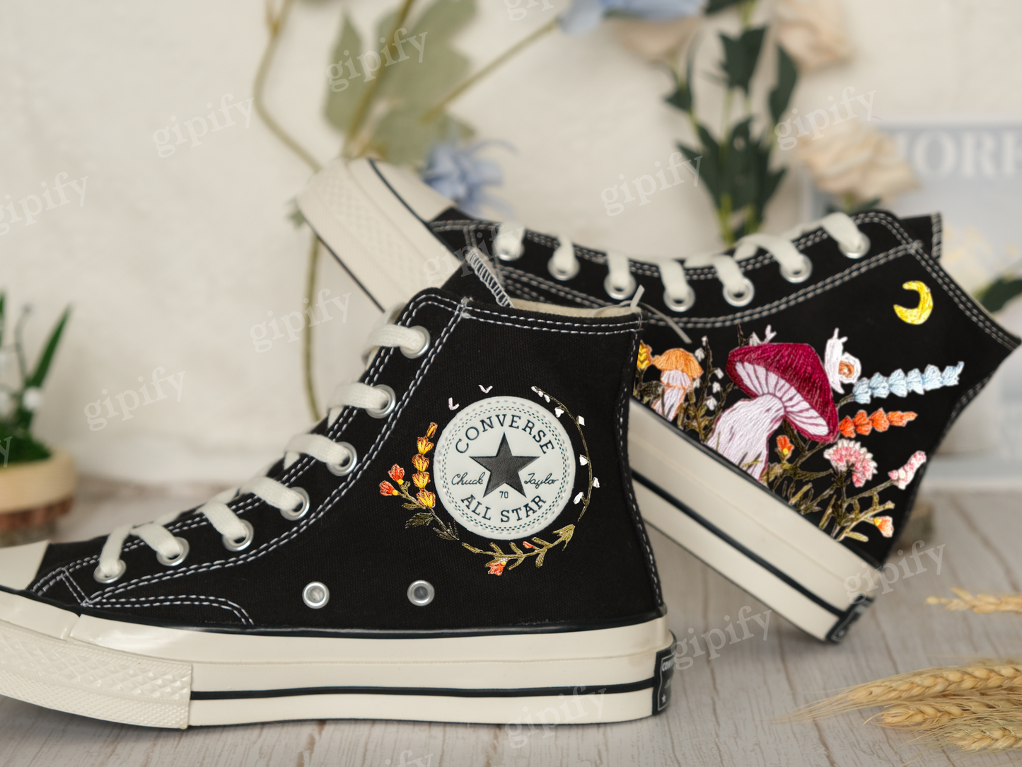 Customized Embroidered Converse High Tops/Mushrooms Embroidered Shoes Women/Gardens Flowers and Cat Embroidered Converse/Gifts for Her