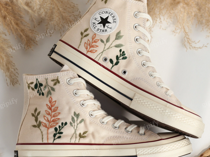 Embroidered Comverse High Tops Chuck Taylor 1970s, Custom Converse Embroidered Simple, Tree Leaves Embroidered Sneakers, Valentine Gifts