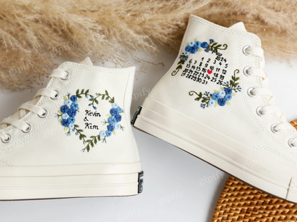 Customized Name Wedding Sneakers, Date, Flowers Embroidered Converse Custom, Flower Embroidered Shoes, Custom Anniversary Gifts for Couples