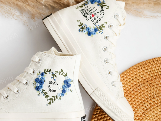 Customized Name Wedding Sneakers, Date, Flowers Embroidered Converse Custom, Flower Embroidered Shoes, Custom Anniversary Gifts for Couples