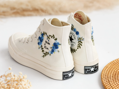 Customized Name Wedding Sneakers, Date, Flowers Embroidered Converse Custom, Flower Embroidered Shoes, Custom Anniversary Gifts for Couples