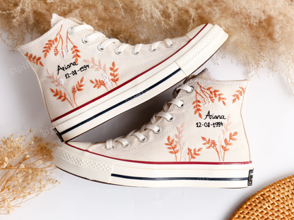 Wedding Converse, Custom Converse High Tops Embroidered Wedding Flowers, Custom Bridal Name Embroidery Converse Personalized Wedding Sneaker