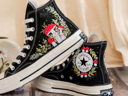 Custom Embroidered Converse Chuck Taylor 1970s, Mushrooms Embroidered Sneakers Custom, Mushrooms Embroidered Converse Shoes, Gifts for Her