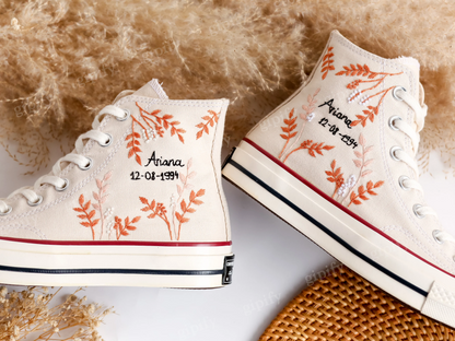 Wedding Converse, Custom Converse High Tops Embroidered Wedding Flowers, Custom Bridal Name Embroidery Converse Personalized Wedding Sneaker