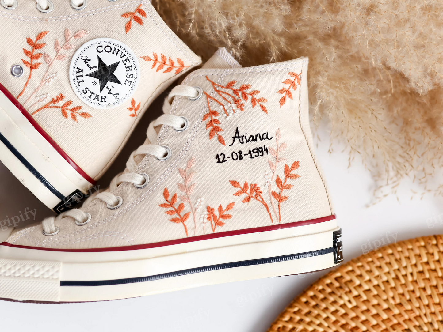 Wedding Converse, Custom Converse High Tops Embroidered Wedding Flowers, Custom Bridal Name Embroidery Converse Personalized Wedding Sneaker