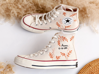 Wedding Converse, Custom Converse High Tops Embroidered Wedding Flowers, Custom Bridal Name Embroidery Converse Personalized Wedding Sneaker