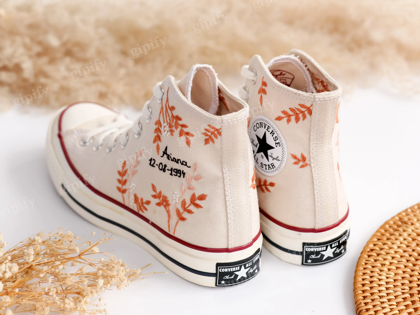 Wedding Converse, Custom Converse High Tops Embroidered Wedding Flowers, Custom Bridal Name Embroidery Converse Personalized Wedding Sneaker