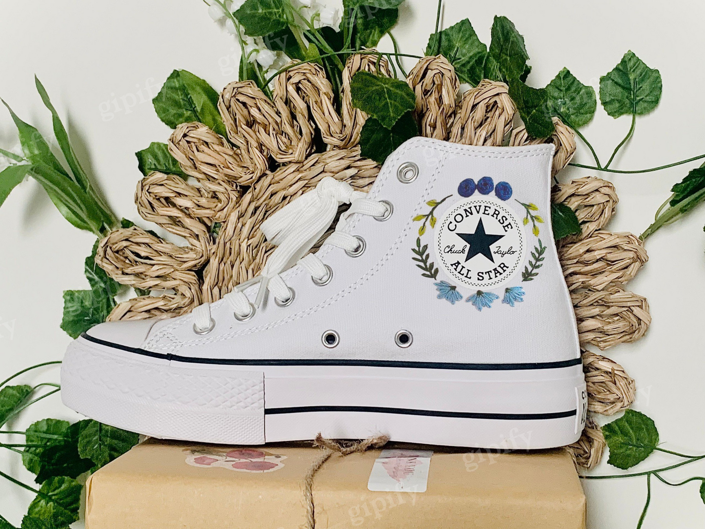 Custom Converse Platform, Wedding Flowers Embroidered Platform Shoes, Converse Embroidered Blue Bouquets, Personalized Bridal Sneaker